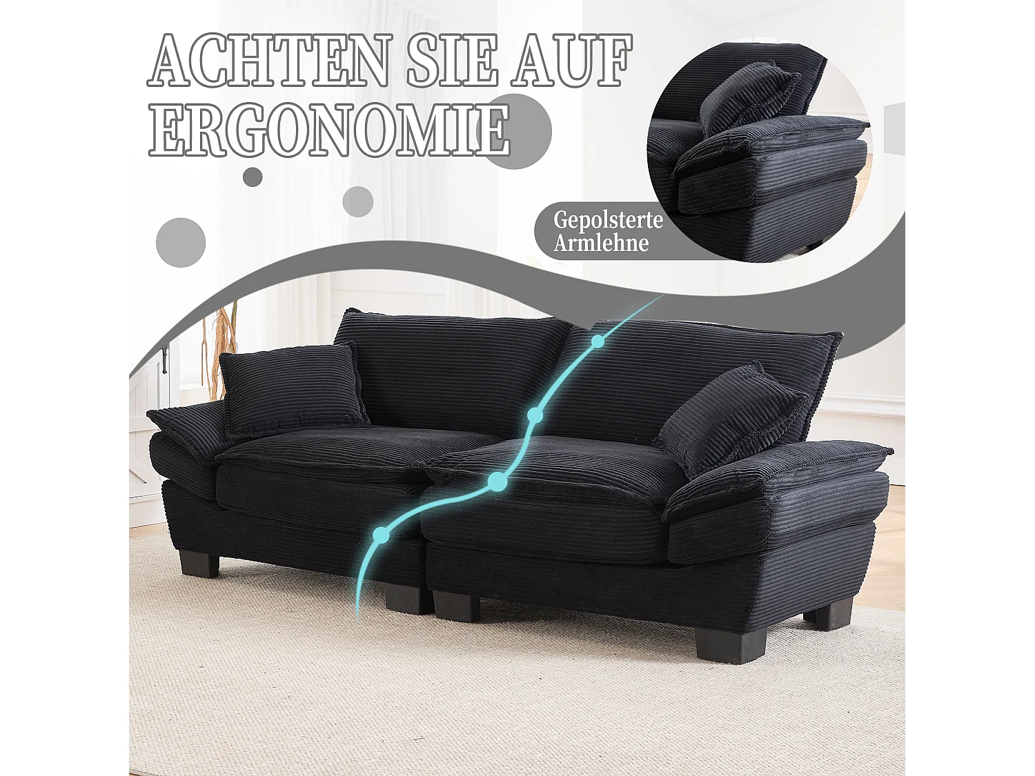 Canapé 2 places avec matelas convertible, en velours, avec coussins et design moderne, noir (longueur x largeur x hauteur cm)