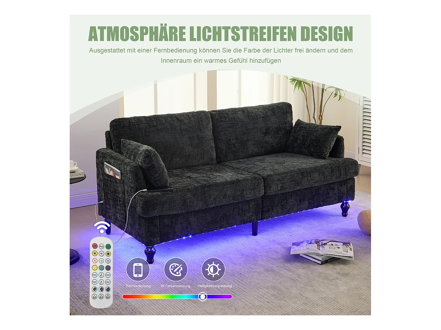 Canapé 2 places moderne en chenille avec pieds en bois, LED, port USB et rangement (175x83x78 cm)