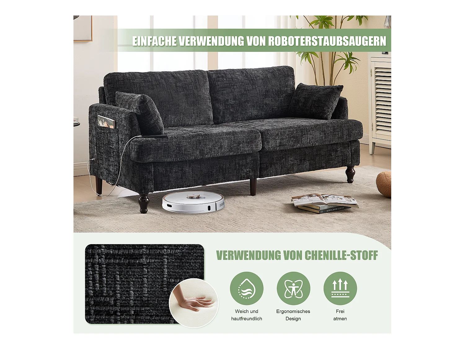 Canapé 2 places moderne en chenille avec pieds en bois, LED, port USB et rangement (175x83x78 cm)