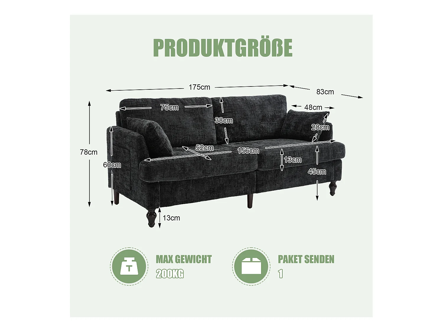 Canapé 2 places moderne en chenille avec pieds en bois, LED, port USB et rangement (175x83x78 cm)