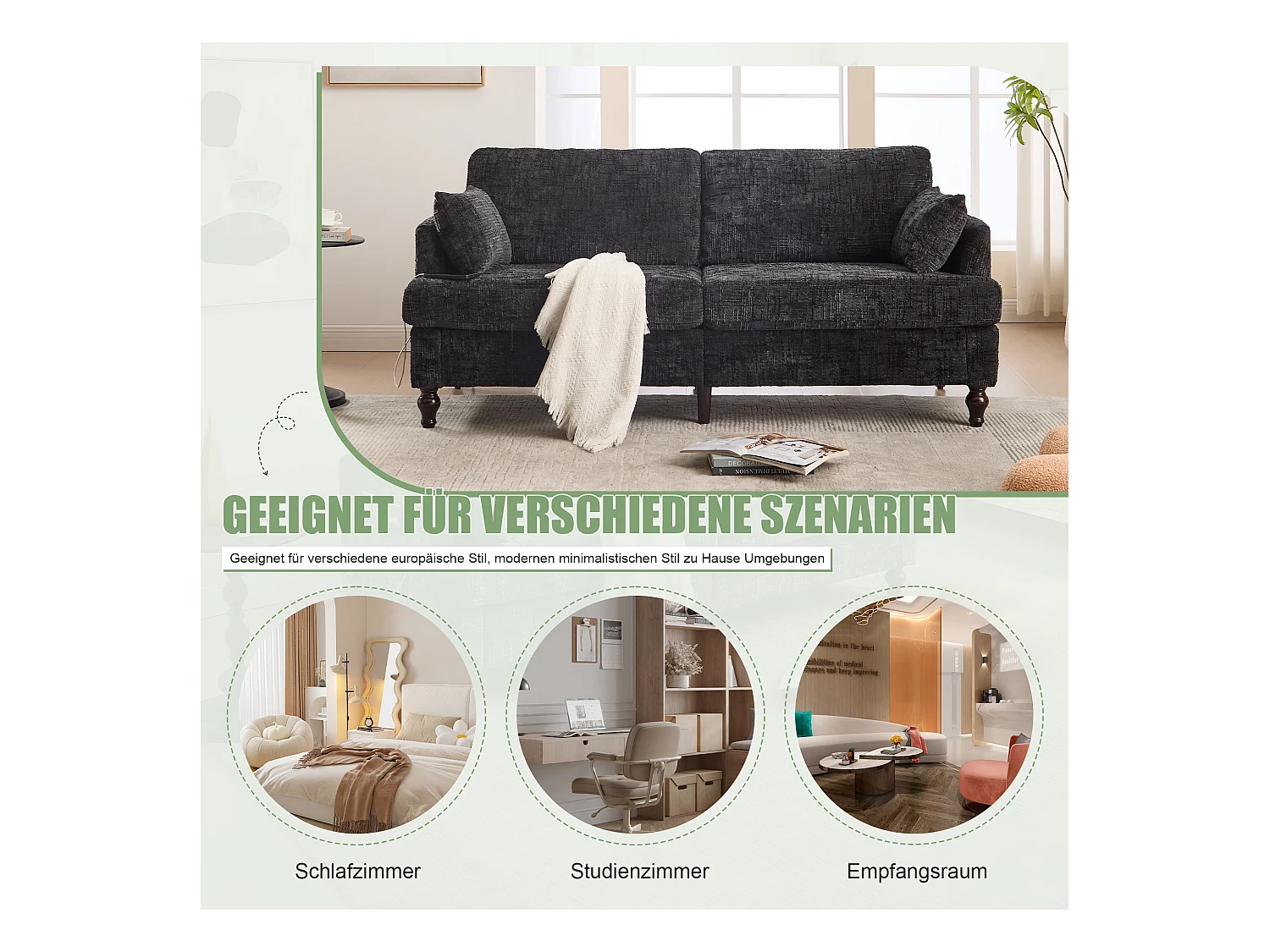 Canapé 2 places moderne en chenille avec pieds en bois, LED, port USB et rangement (175x83x78 cm)