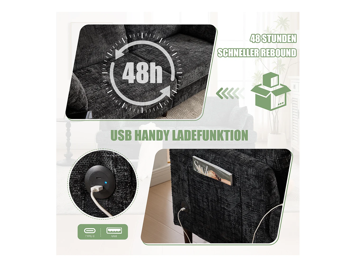 Canapé 2 places moderne en chenille avec pieds en bois, LED, port USB et rangement (175x83x78 cm)