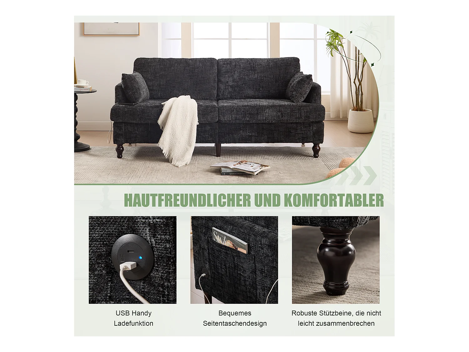 Canapé 2 places moderne en chenille avec pieds en bois, LED, port USB et rangement (175x83x78 cm)