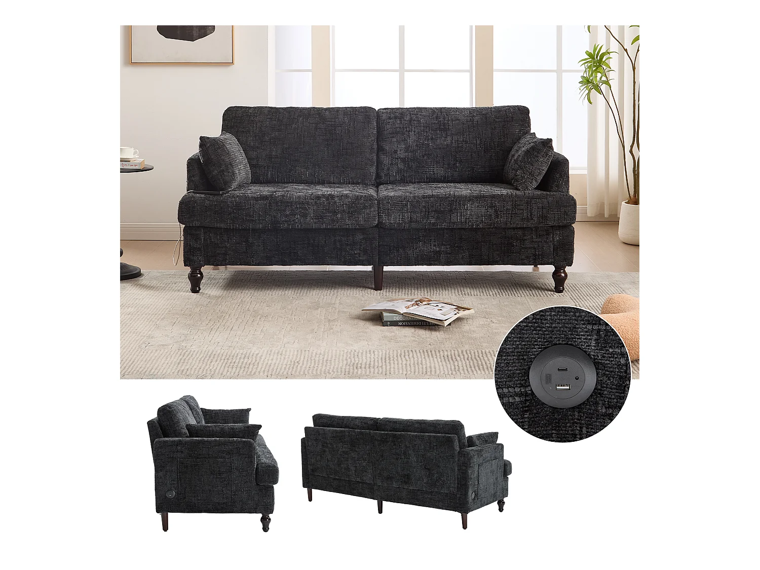 Canapé 2 places moderne en chenille avec pieds en bois, LED, port USB et rangement (175x83x78 cm)