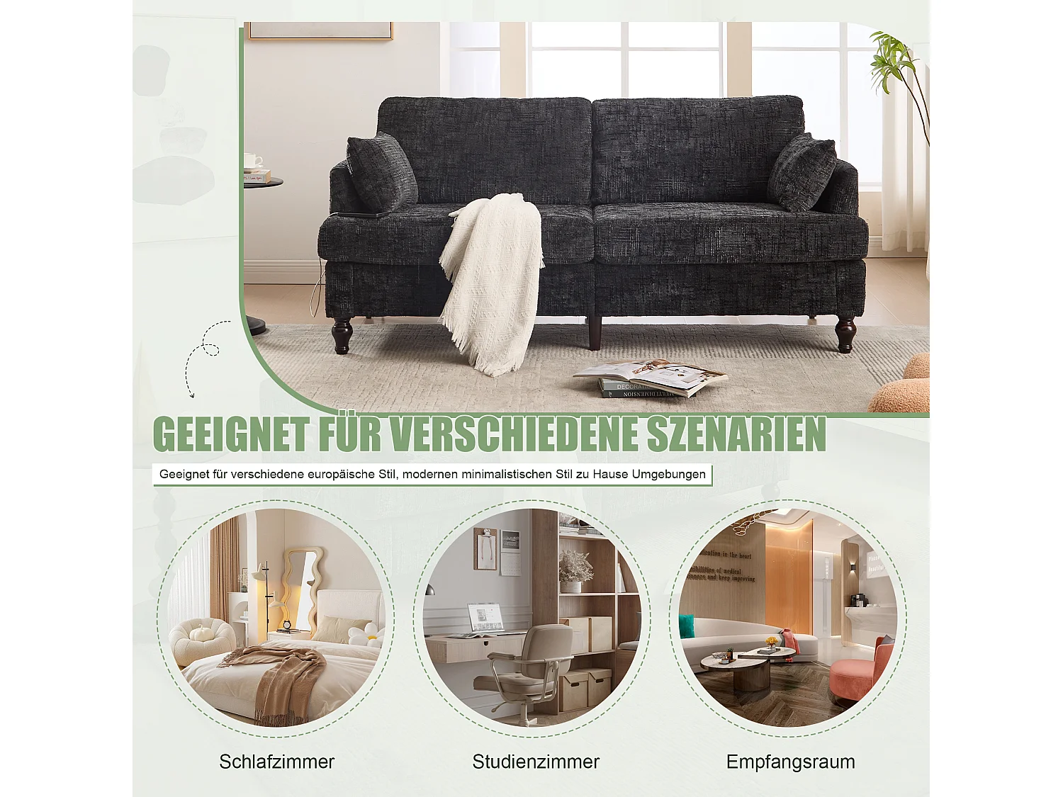 Divano moderno a 2 posti in ciniglia con gambe in legno, LED, porta USB e contenitore (175x83x78 cm)