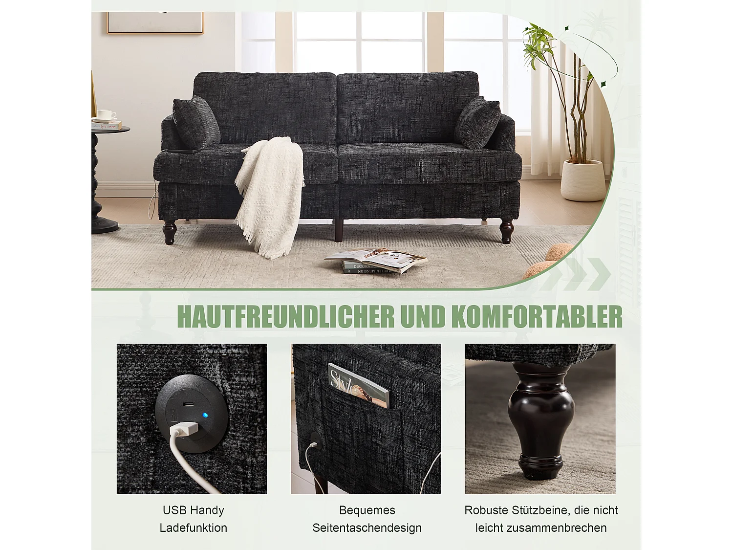 Divano moderno a 2 posti in ciniglia con gambe in legno, LED, porta USB e contenitore (175x83x78 cm)