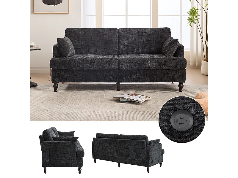 Canapé 2 places moderne en chenille avec pieds en bois, LED, port USB et rangement (175x83x78 cm)