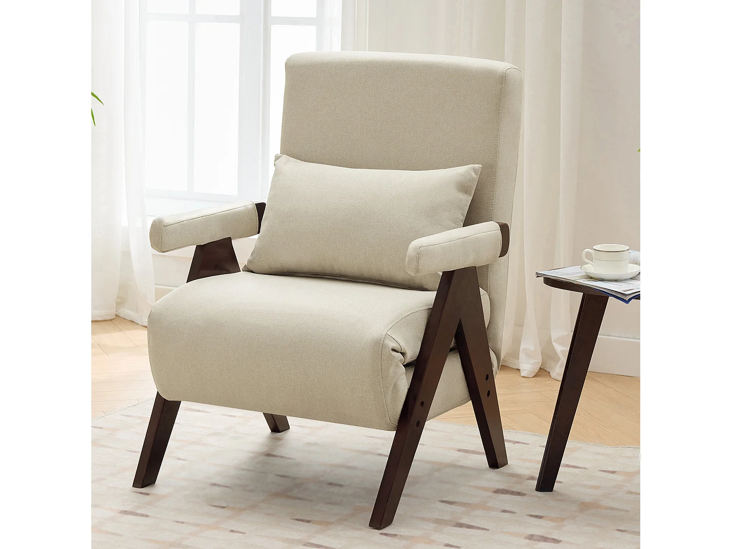 Fauteuil 3-en-1 avec fonction lit, convertible, tissu lin beige (64x68.5x93 cm)
