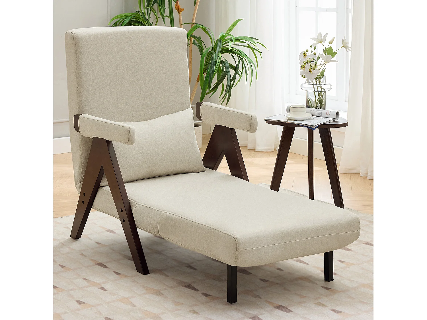 Fauteuil 3-en-1 avec fonction lit, convertible, tissu lin beige (64x68.5x93 cm)