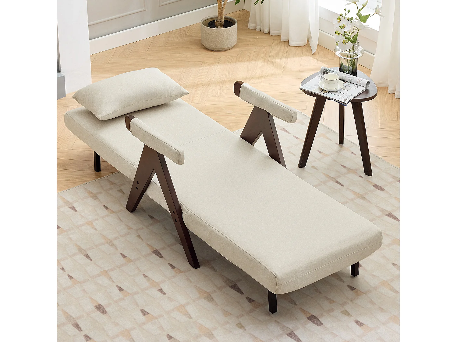 Fauteuil 3-en-1 avec fonction lit, convertible, tissu lin beige (64x68.5x93 cm)