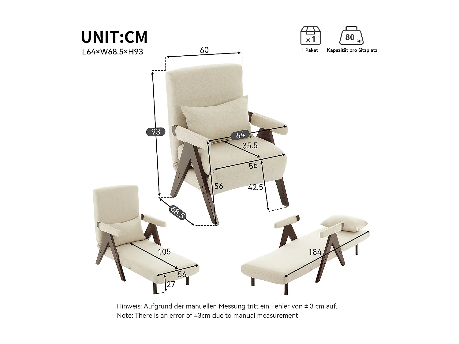 Fauteuil 3-en-1 avec fonction lit, convertible, tissu lin beige (64x68.5x93 cm)