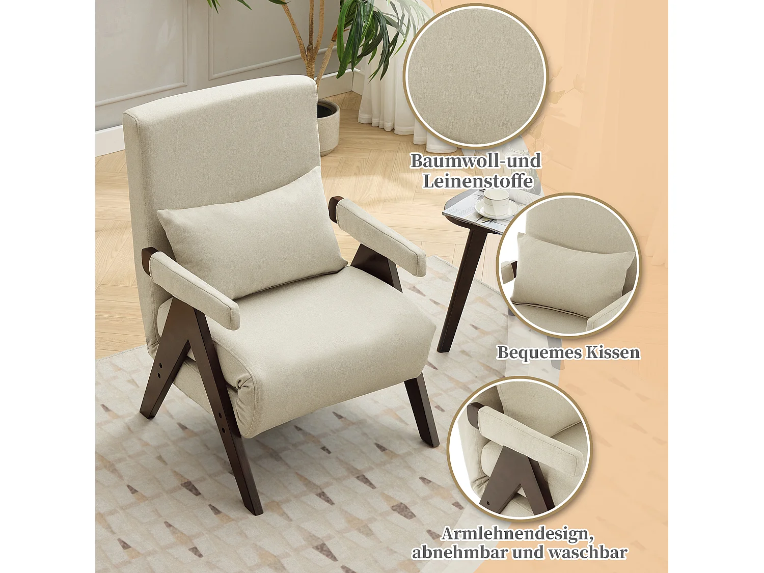Fauteuil 3-en-1 avec fonction lit, convertible, tissu lin beige (64x68.5x93 cm)