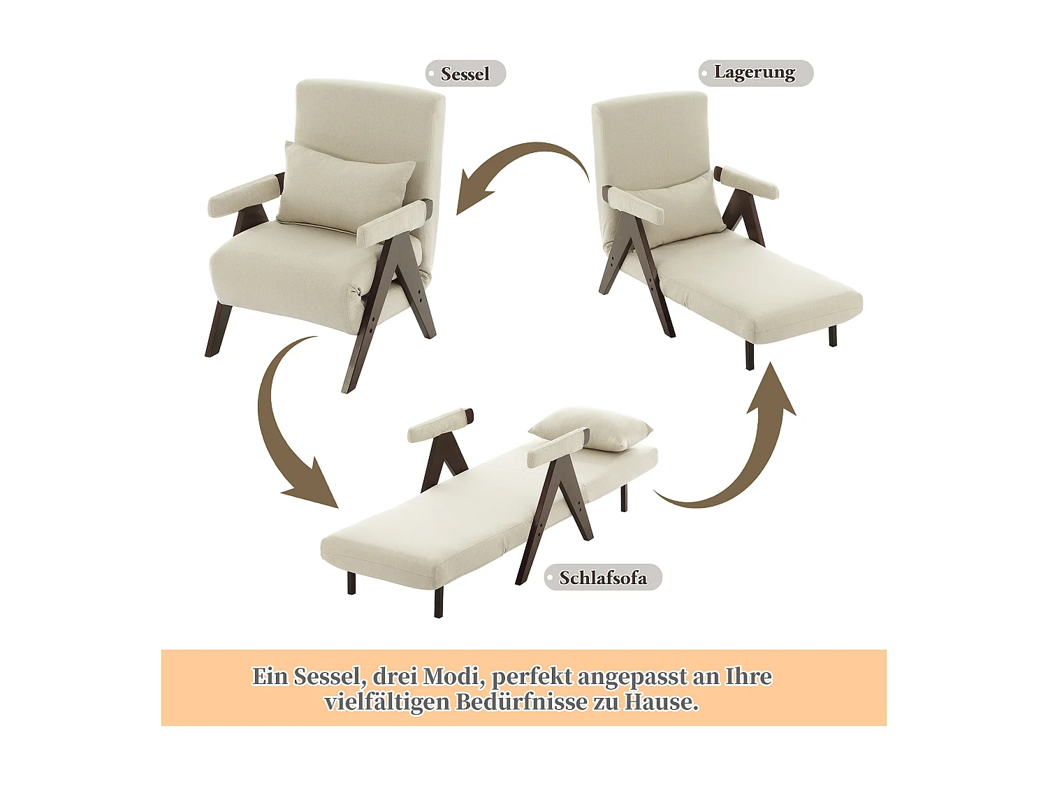 Fauteuil 3-en-1 avec fonction lit, convertible, tissu lin beige (64x68.5x93 cm)