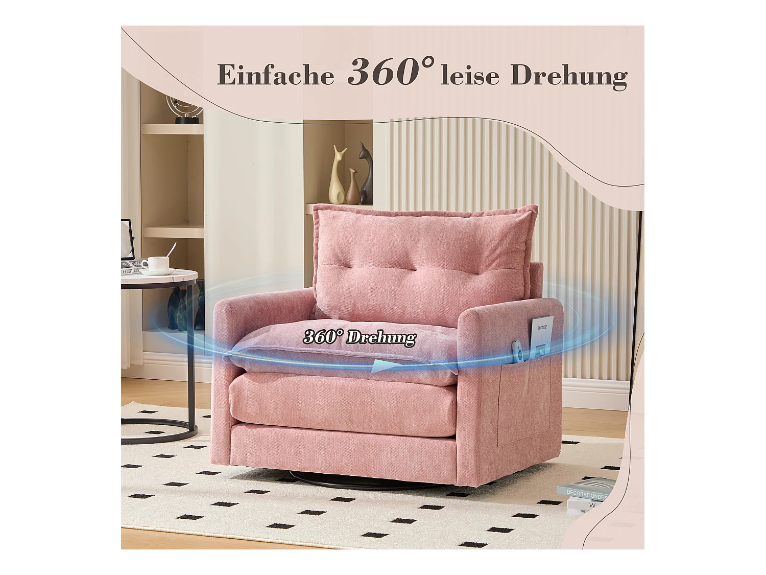 Poltrona girevole a 360° con braccioli, design moderno, tessuto ciniglia, rosa, reclinabile con cuscino (92x74x67 cm)