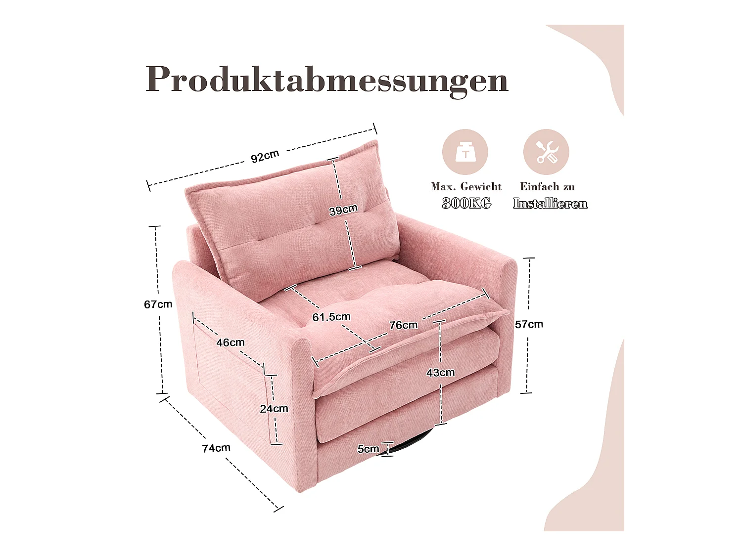 Poltrona girevole a 360° con braccioli, design moderno, tessuto ciniglia, rosa, reclinabile con cuscino (92x74x67 cm)