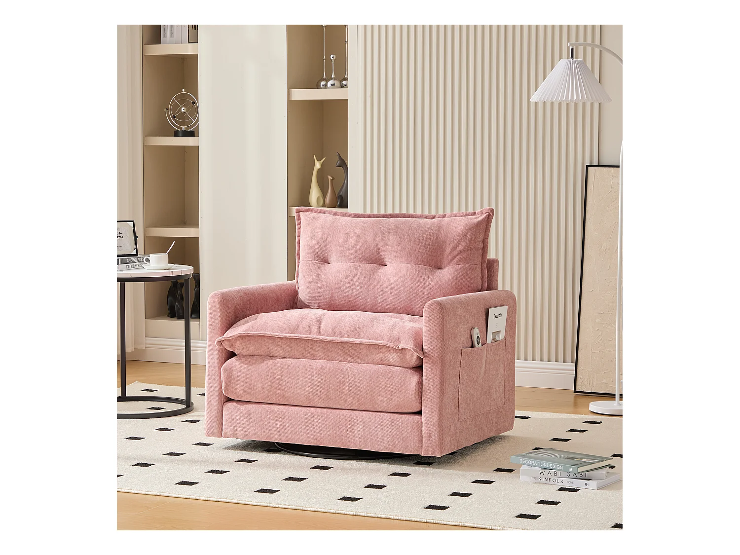 Fauteuil tournant 360° avec accoudoirs, design moderne, tissu chenille, rose, inclinable avec coussin (92x74x67 cm)