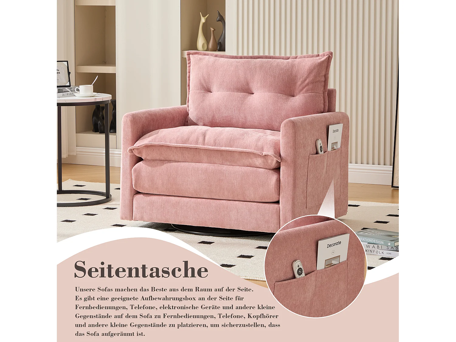 360° draaibare fauteuil met armleuningen, modern design, chenillestof, roze, verstelbaar met kussen (92x74x67 cm)