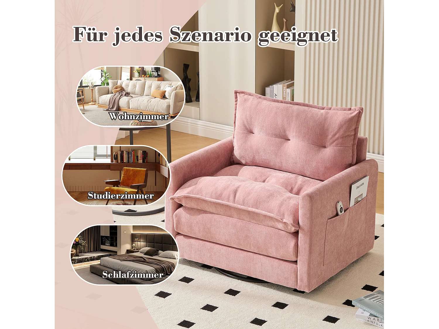 360° draaibare fauteuil met armleuningen, modern design, chenillestof, roze, verstelbaar met kussen (92x74x67 cm)