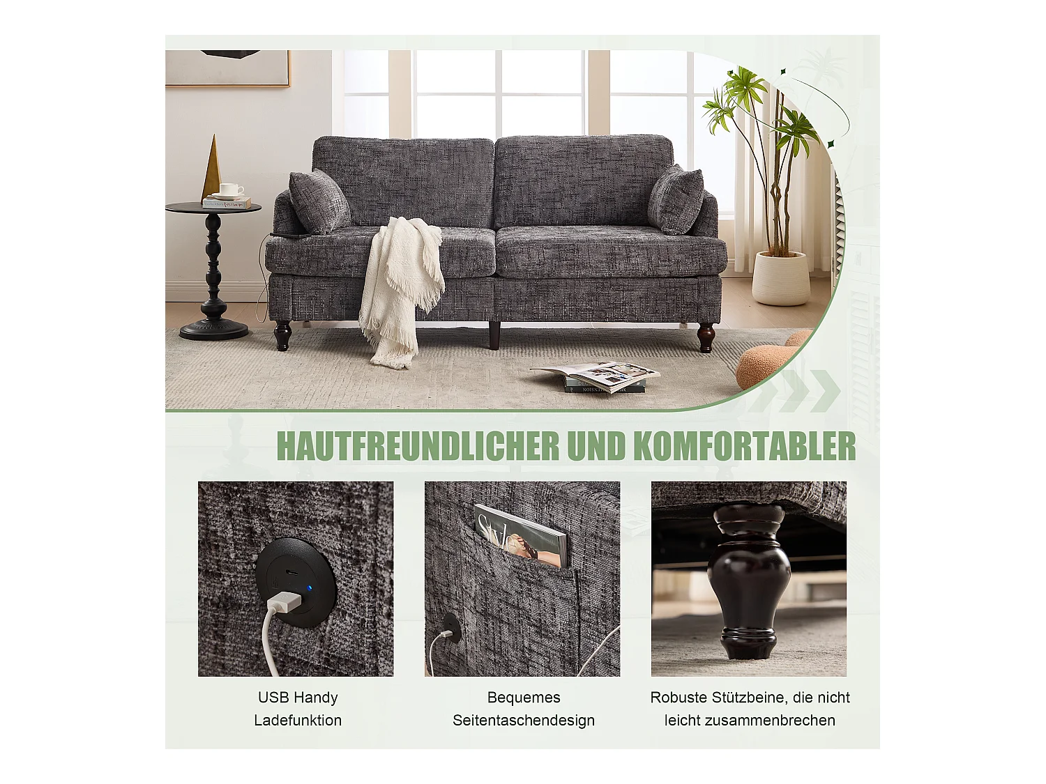 Canapé 2 places design en chenille, pieds en bois avec éclairage LED et USB, gris (175x83x78cm)