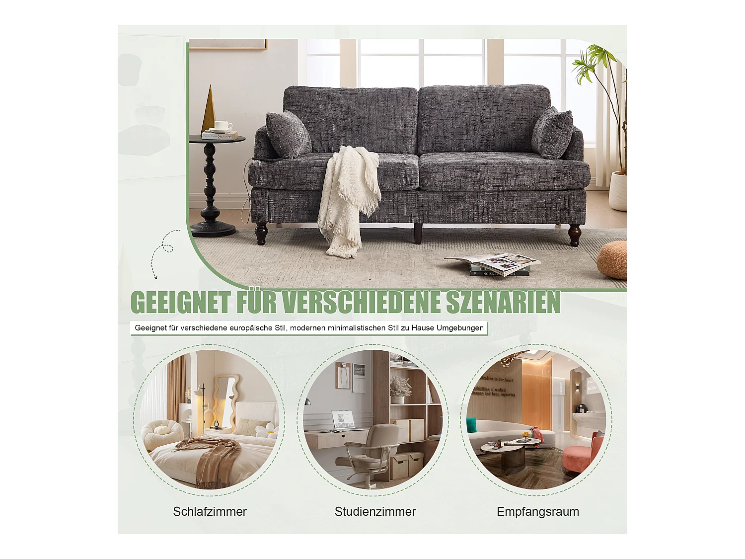 Canapé 2 places design en chenille, pieds en bois avec éclairage LED et USB, gris (175x83x78cm)