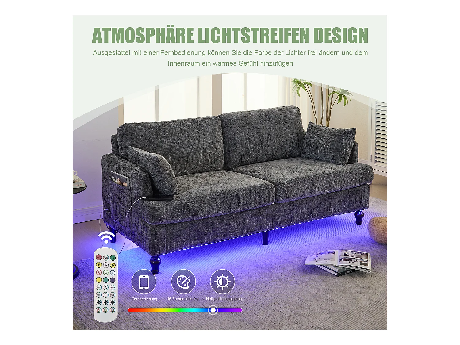 Canapé 2 places design en chenille, pieds en bois avec éclairage LED et USB, gris (175x83x78cm)