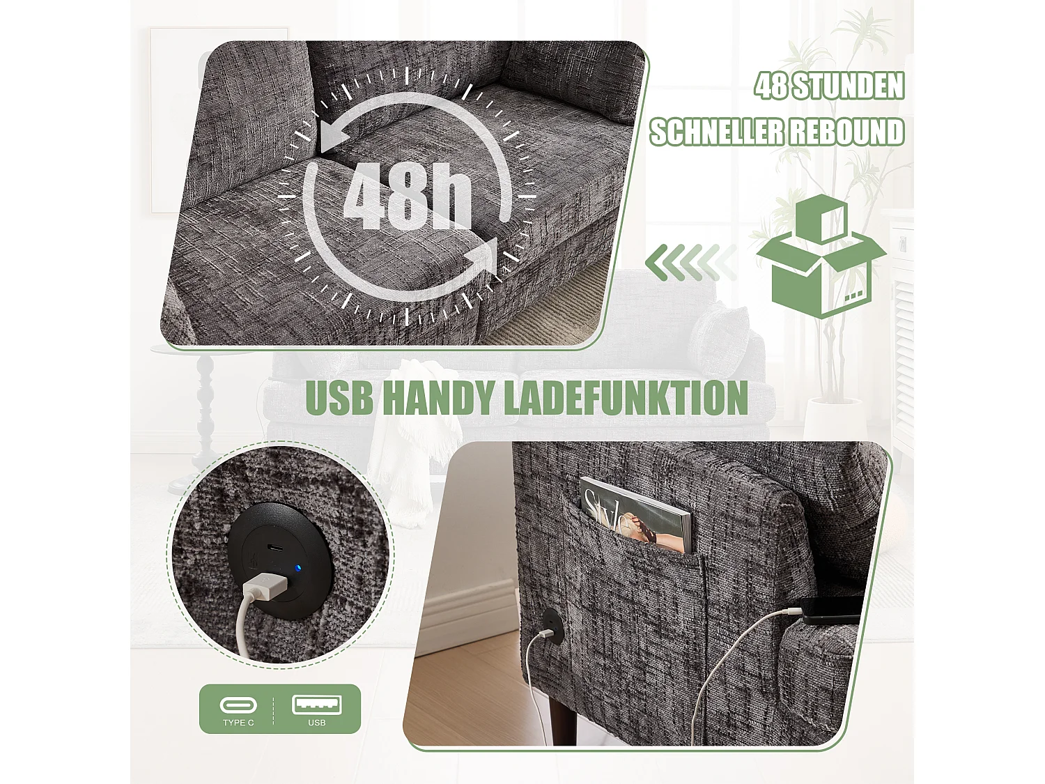 Canapé 2 places design en chenille, pieds en bois avec éclairage LED et USB, gris (175x83x78cm)