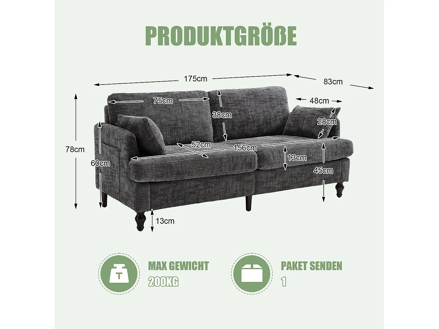 Canapé 2 places design en chenille, pieds en bois avec éclairage LED et USB, gris (175x83x78cm)