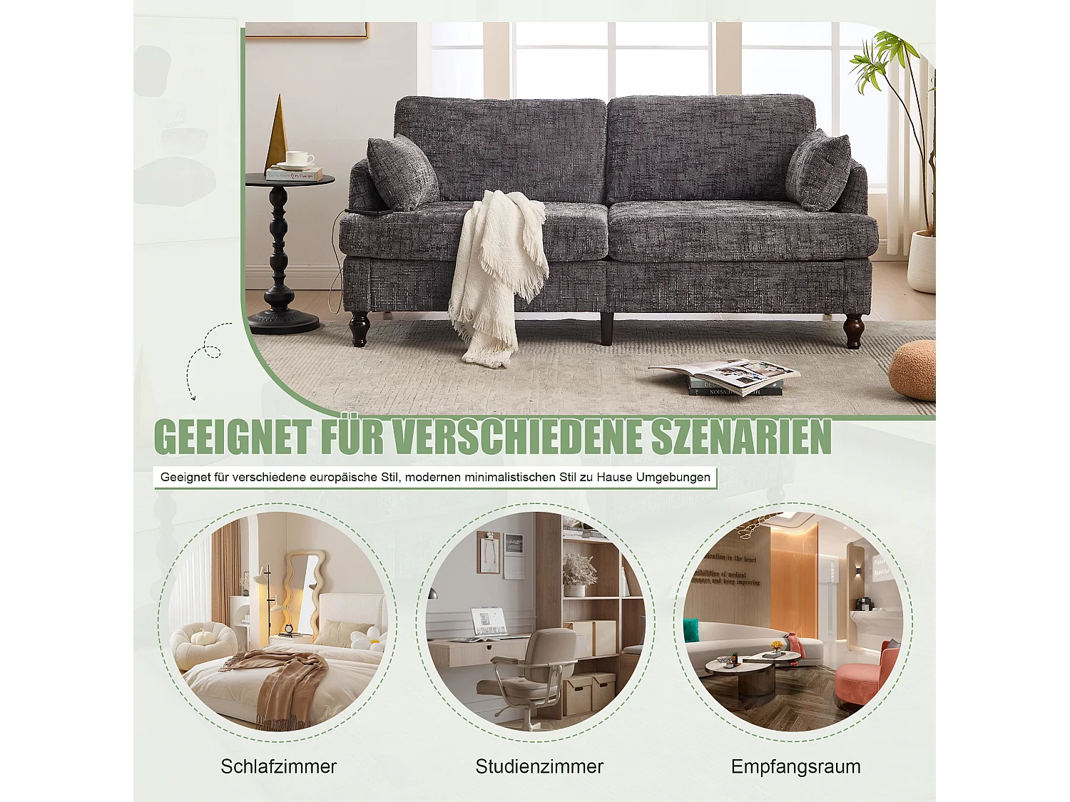 Sofá de diseño de 2 plazas de chenilla con patas de madera e iluminación LED y USB, gris (175x83x78cm)