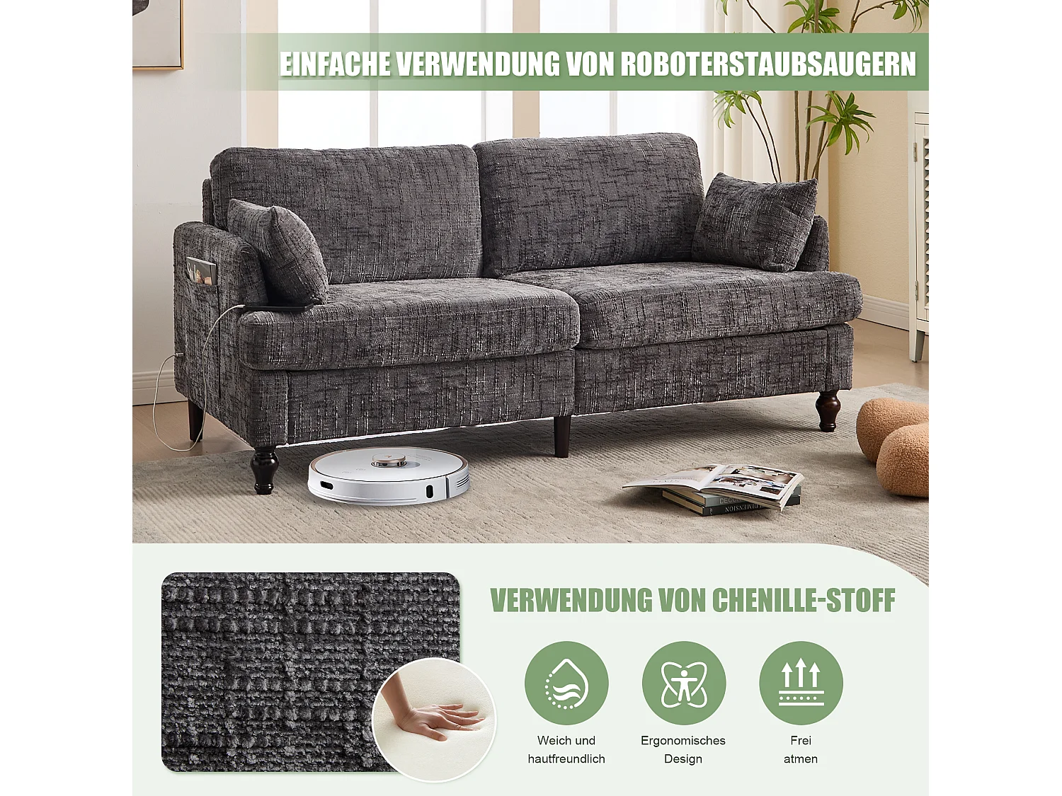 Sofá de diseño de 2 plazas de chenilla con patas de madera e iluminación LED y USB, gris (175x83x78cm)