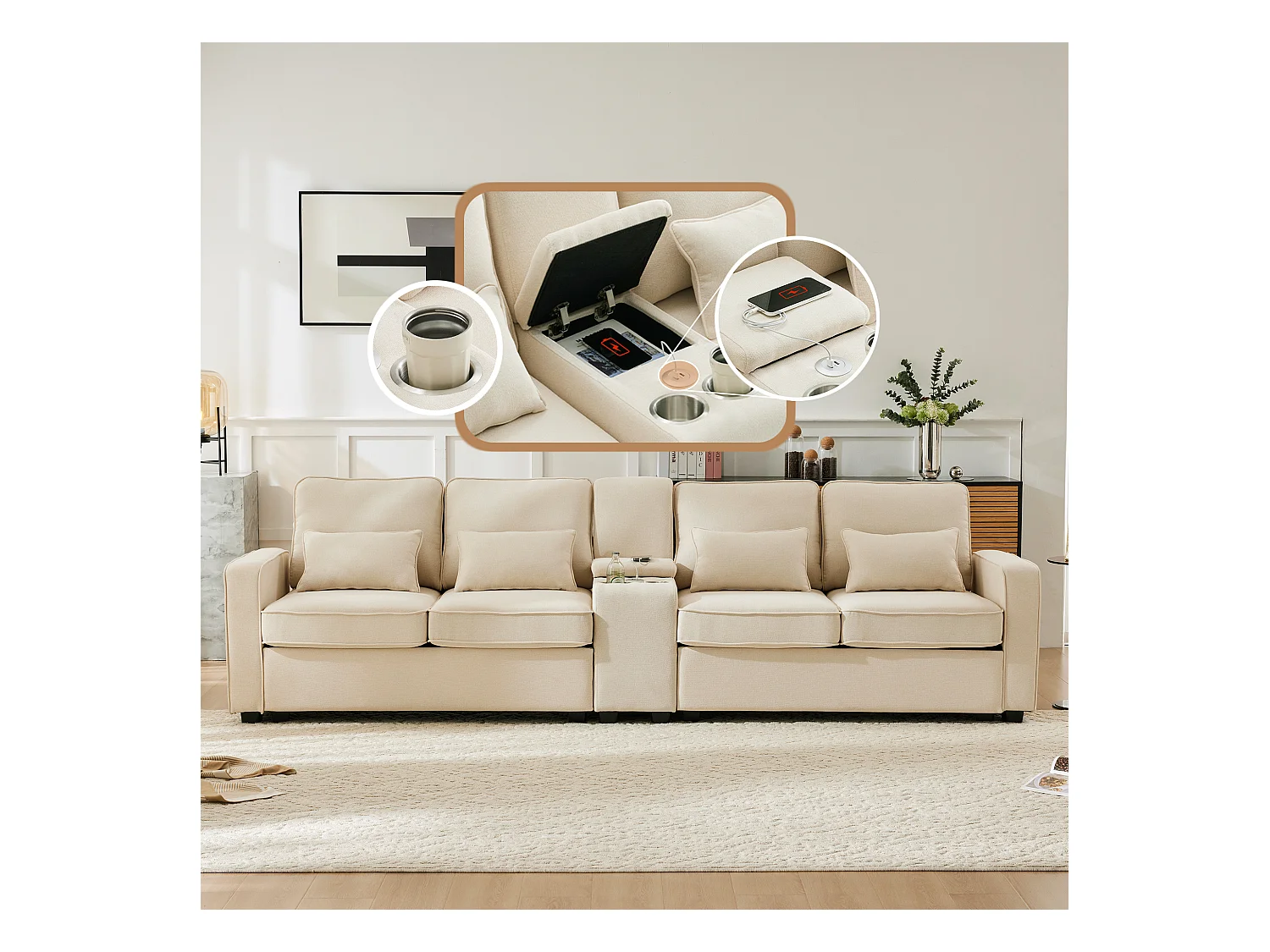 Canapé 4 places en lin, avec console, 2 porte-gobelets, 2 ports USB, rangement dans les accoudoirs, 4 coussins, beige (290x83x88 cm)