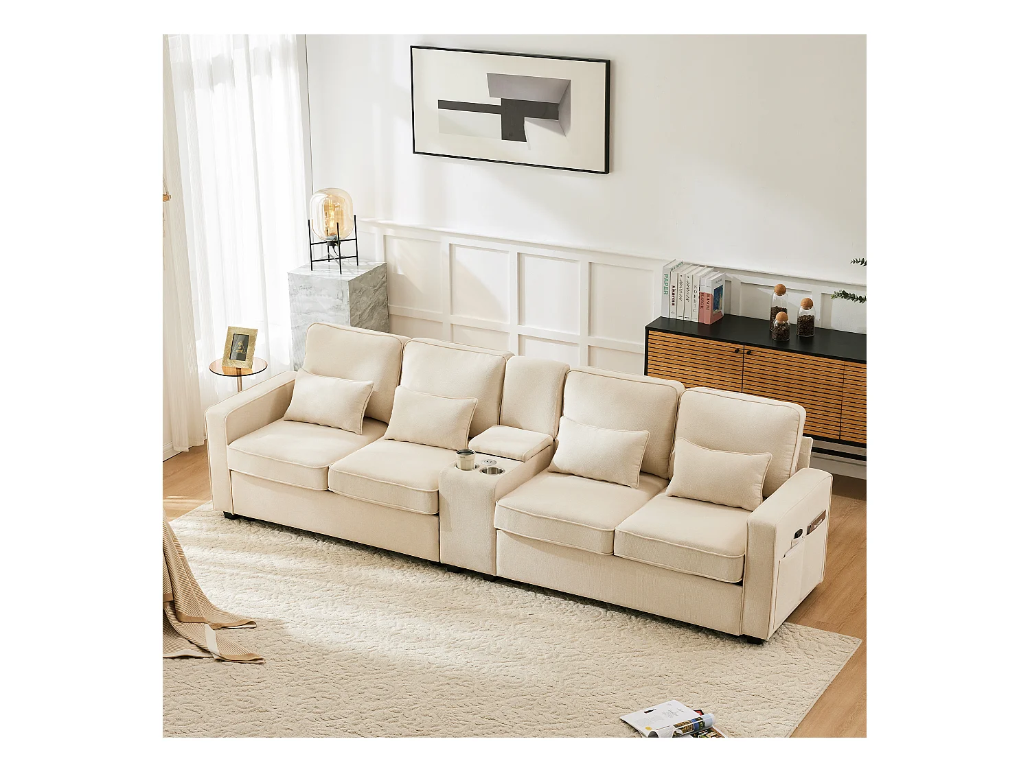 Canapé 4 places en lin, avec console, 2 porte-gobelets, 2 ports USB, rangement dans les accoudoirs, 4 coussins, beige (290x83x88 cm)