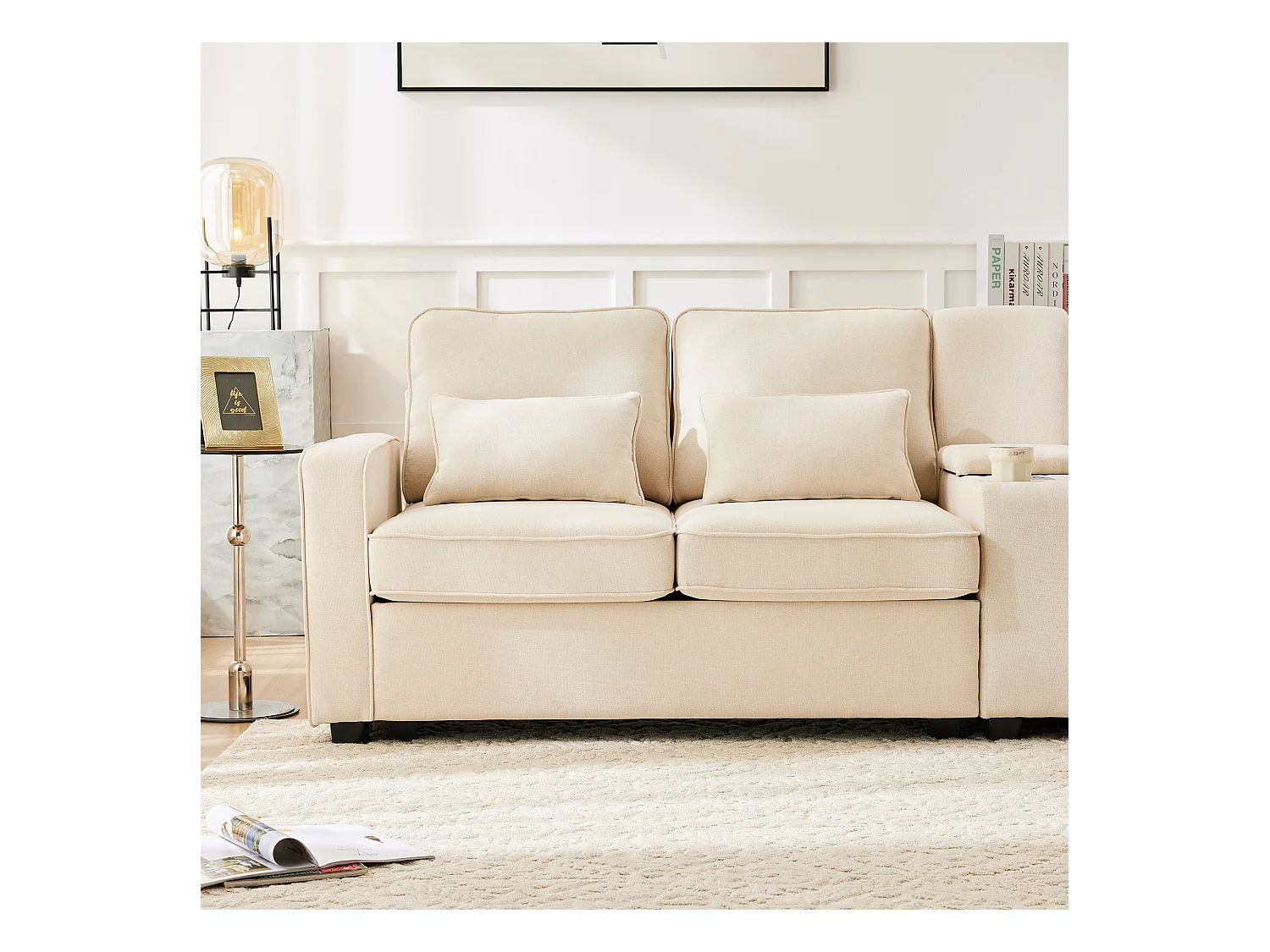 Canapé 4 places en lin, avec console, 2 porte-gobelets, 2 ports USB, rangement dans les accoudoirs, 4 coussins, beige (290x83x88 cm)