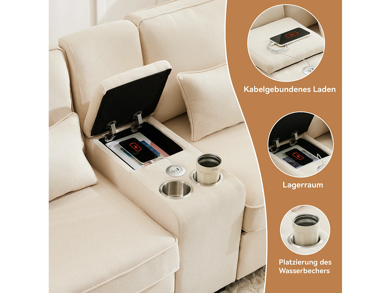 Canapé 4 places en lin, avec console, 2 porte-gobelets, 2 ports USB, rangement dans les accoudoirs, 4 coussins, beige (290x83x88 cm)