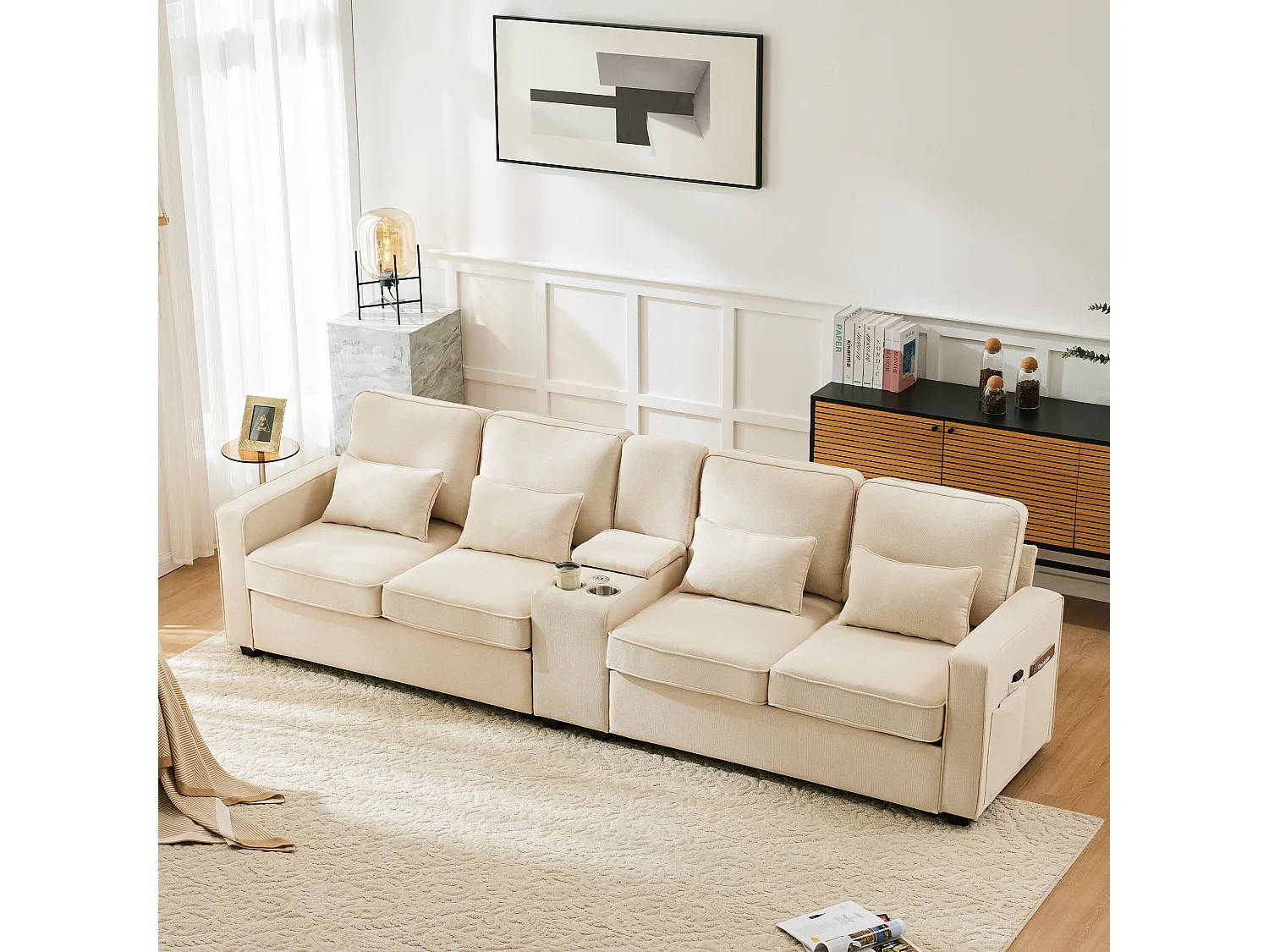 Canapé 4 places en lin, avec console, 2 porte-gobelets, 2 ports USB, rangement dans les accoudoirs, 4 coussins, beige (290x83x88 cm)