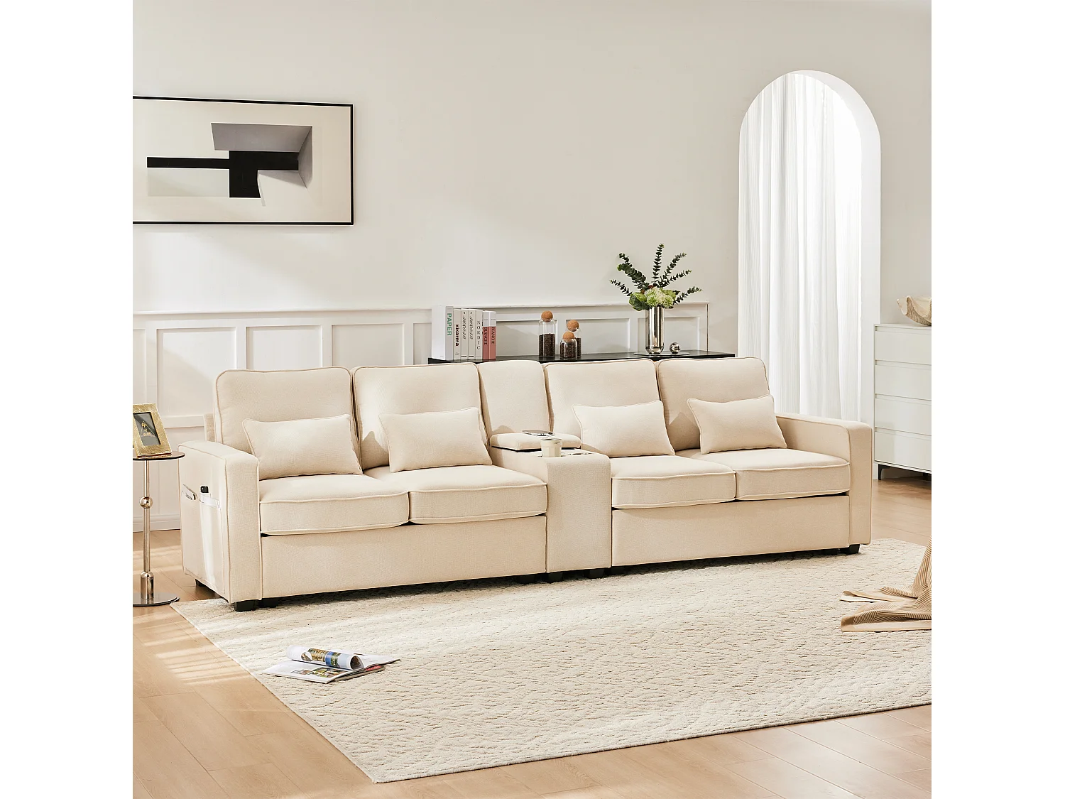Canapé 4 places en lin, avec console, 2 porte-gobelets, 2 ports USB, rangement dans les accoudoirs, 4 coussins, beige (290x83x88 cm)