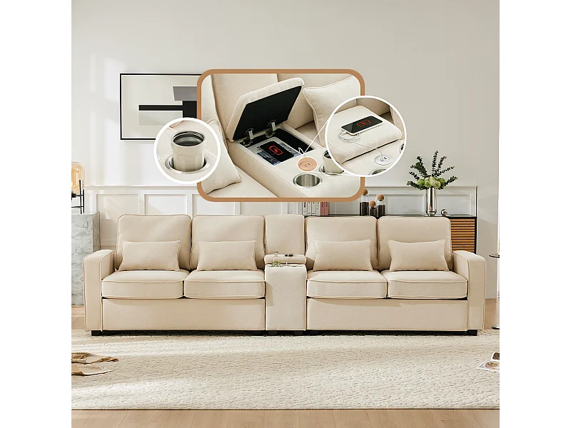 Canapé 4 places en lin, avec console, 2 porte-gobelets, 2 ports USB, rangement dans les accoudoirs, 4 coussins, beige (290x83x88 cm)