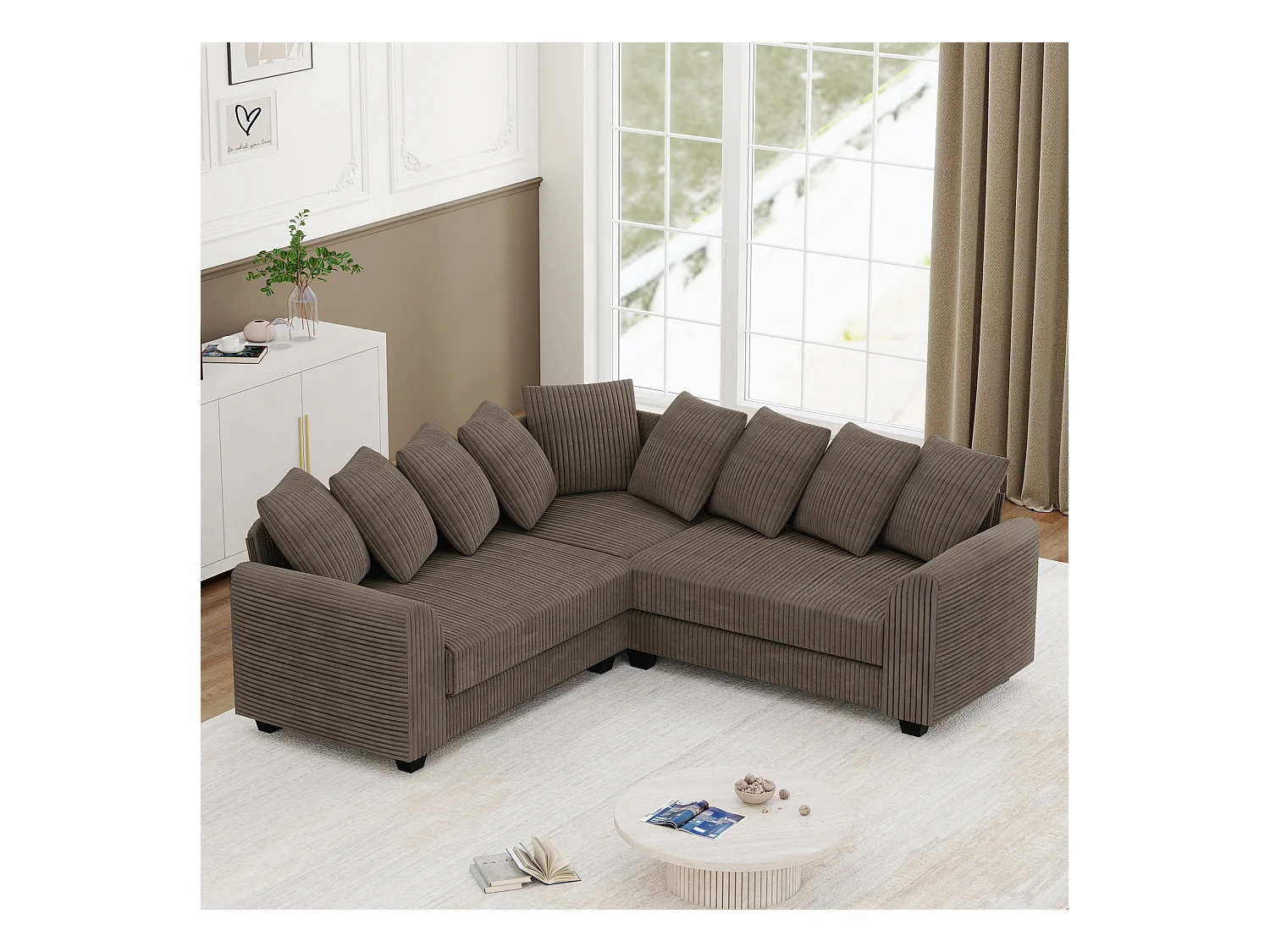 Modulaire bank L, bank met rugkussens, corduroy stof, bruin (202x202x74 cm)