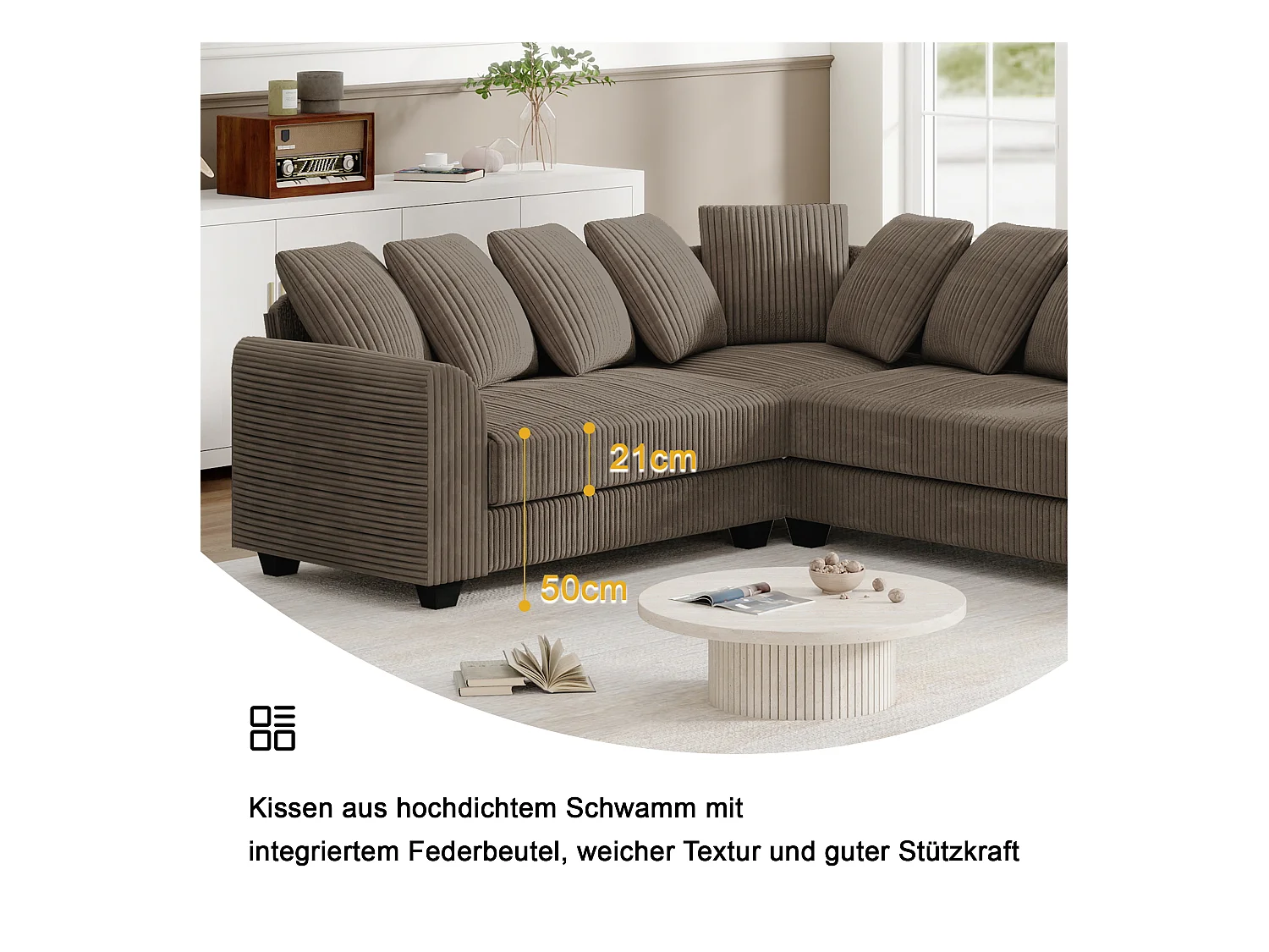 Modulaire bank L, bank met rugkussens, corduroy stof, bruin (202x202x74 cm)