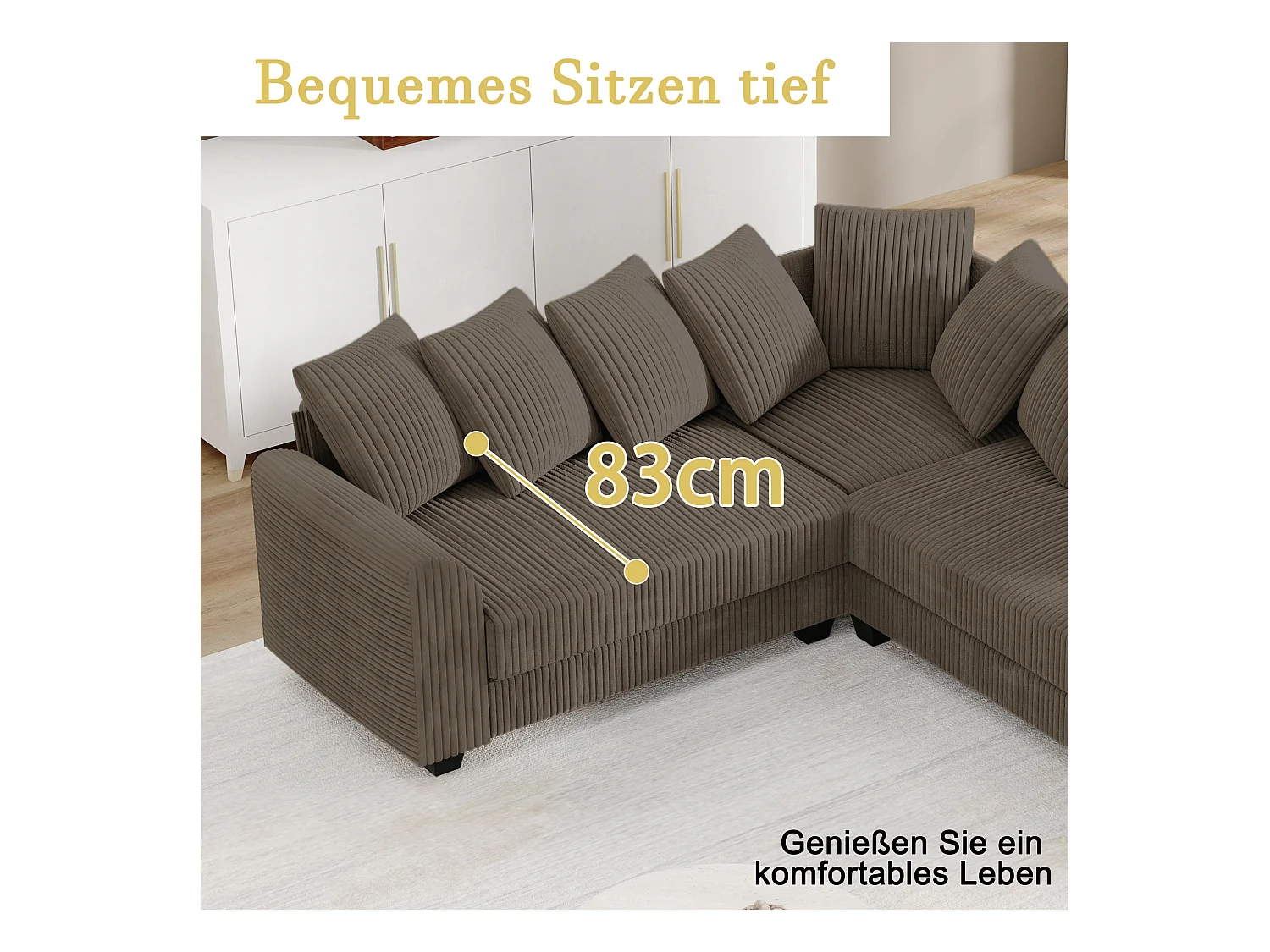 Modulaire bank L, bank met rugkussens, corduroy stof, bruin (202x202x74 cm)