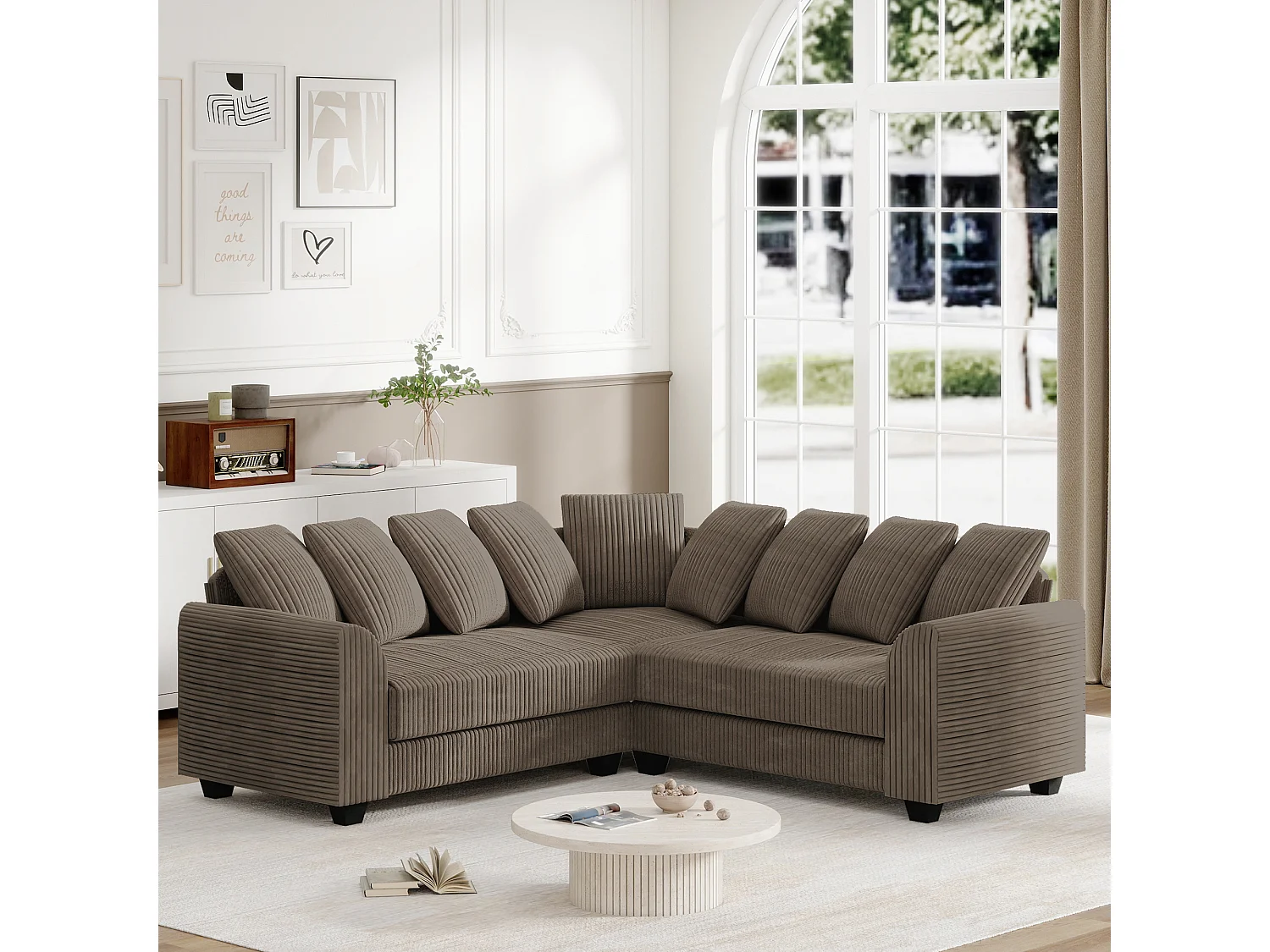 Modulaire bank L, bank met rugkussens, corduroy stof, bruin (202x202x74 cm)