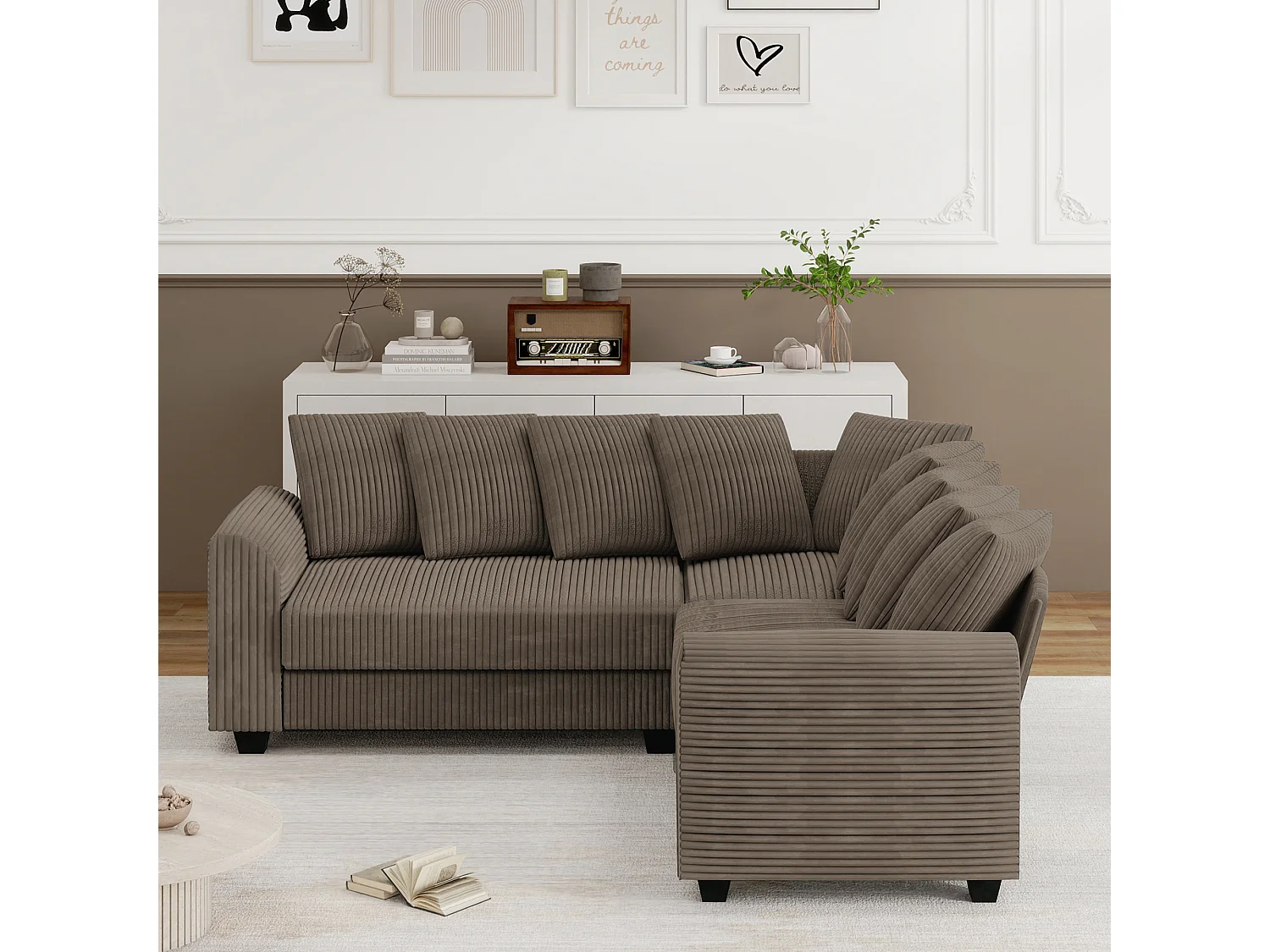 Modulaire bank L, bank met rugkussens, corduroy stof, bruin (202x202x74 cm)