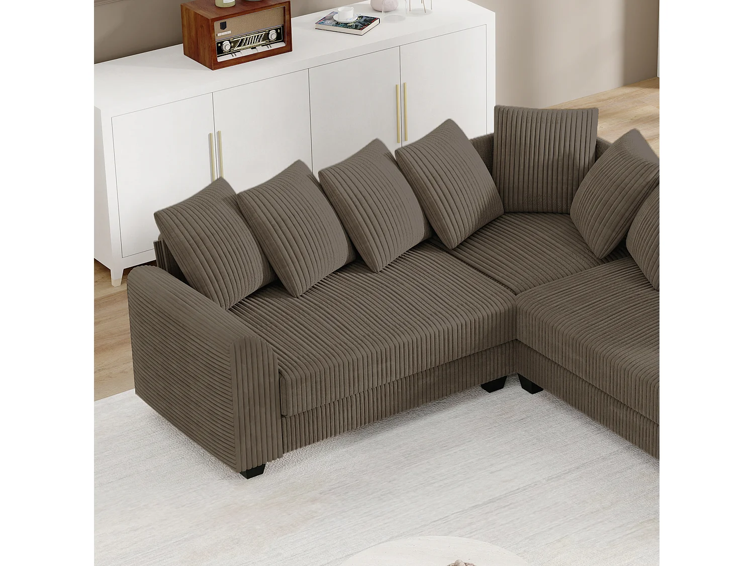 Modulaire bank L, bank met rugkussens, corduroy stof, bruin (202x202x74 cm)