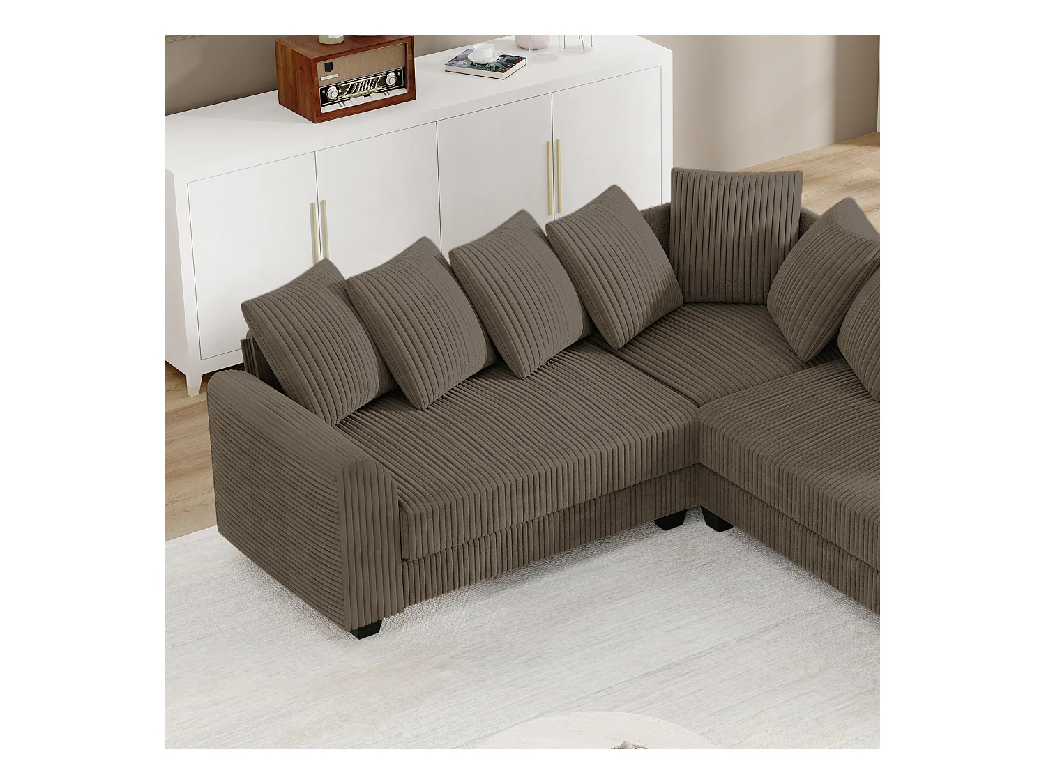 Canapé Modulable L, Canapé avec Coussins d'Appui, Tissu Velours côtelé, Marron (202x202x74 cm)