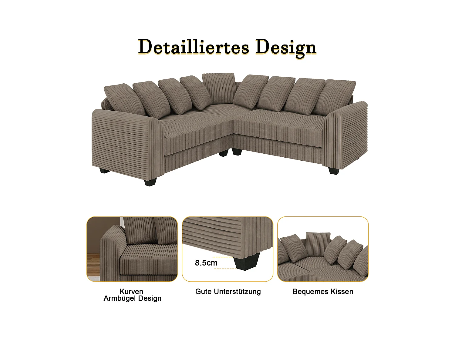 Canapé Modulable L, Canapé avec Coussins d'Appui, Tissu Velours côtelé, Marron (202x202x74 cm)