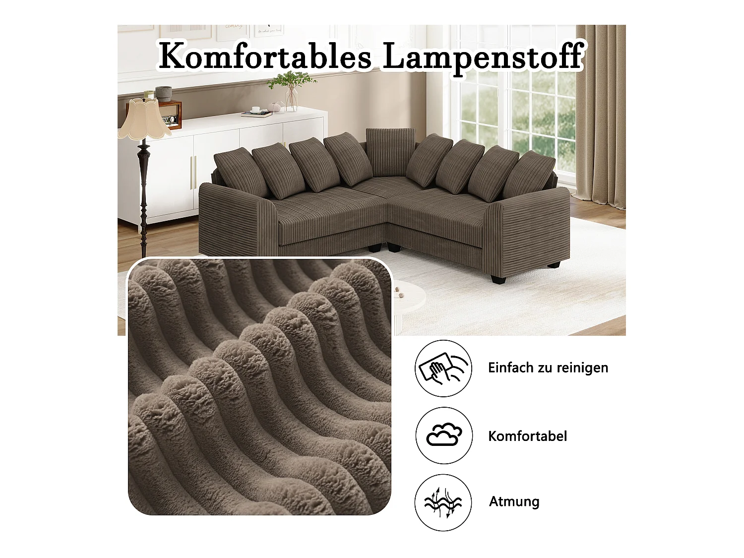 Canapé Modulable L, Canapé avec Coussins d'Appui, Tissu Velours côtelé, Marron (202x202x74 cm)