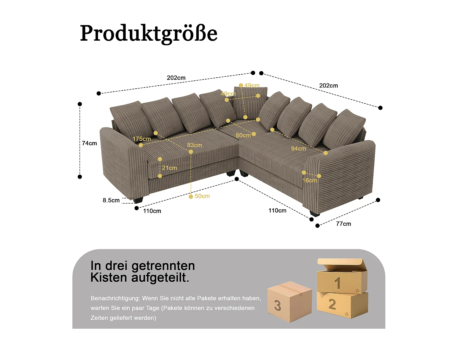 Canapé Modulable L, Canapé avec Coussins d'Appui, Tissu Velours côtelé, Marron (202x202x74 cm)