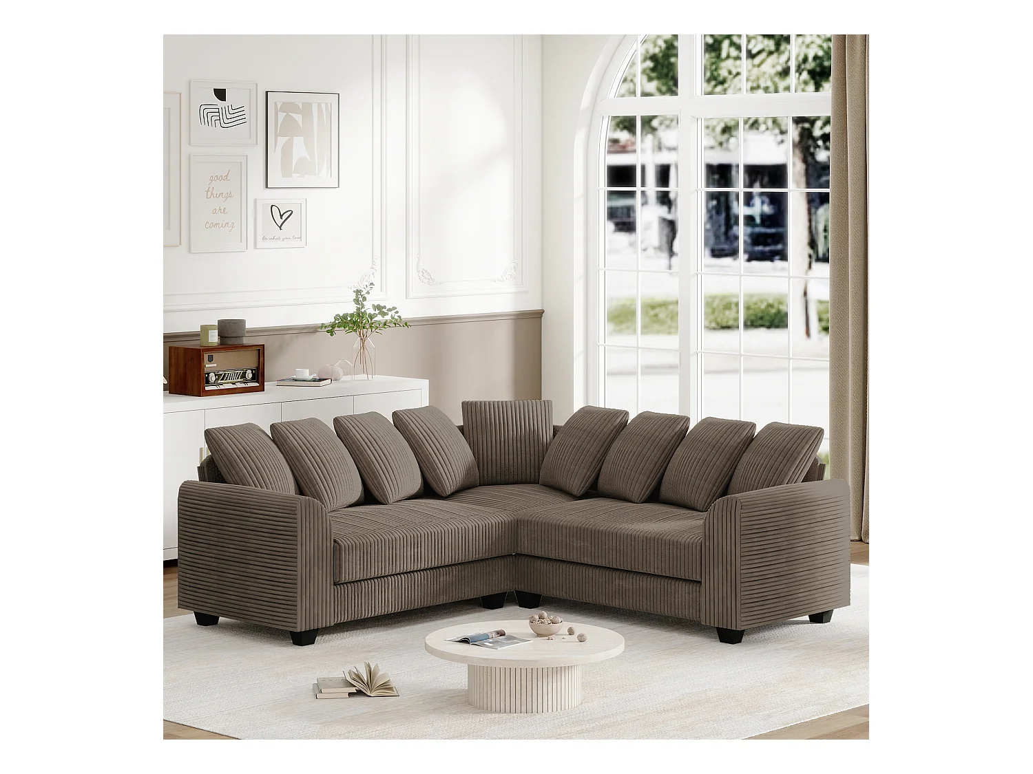 Canapé Modulable L, Canapé avec Coussins d'Appui, Tissu Velours côtelé, Marron (202x202x74 cm)