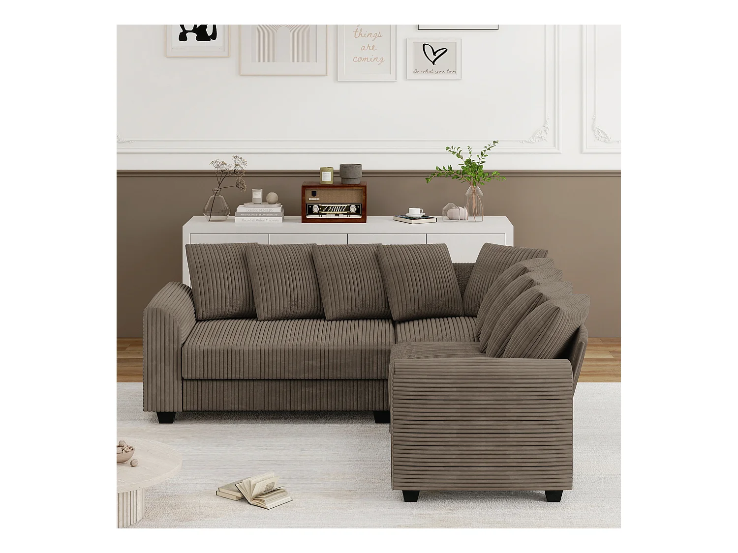 Canapé Modulable L, Canapé avec Coussins d'Appui, Tissu Velours côtelé, Marron (202x202x74 cm)