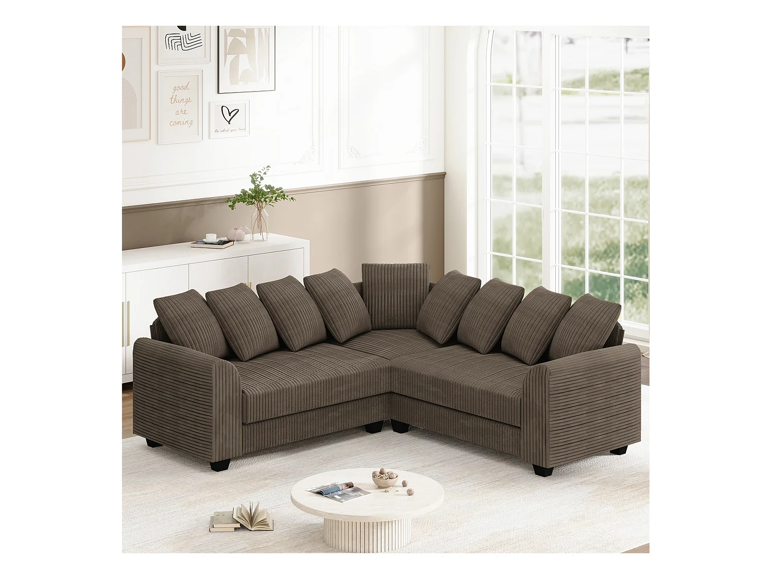 Canapé Modulable L, Canapé avec Coussins d'Appui, Tissu Velours côtelé, Marron (202x202x74 cm)