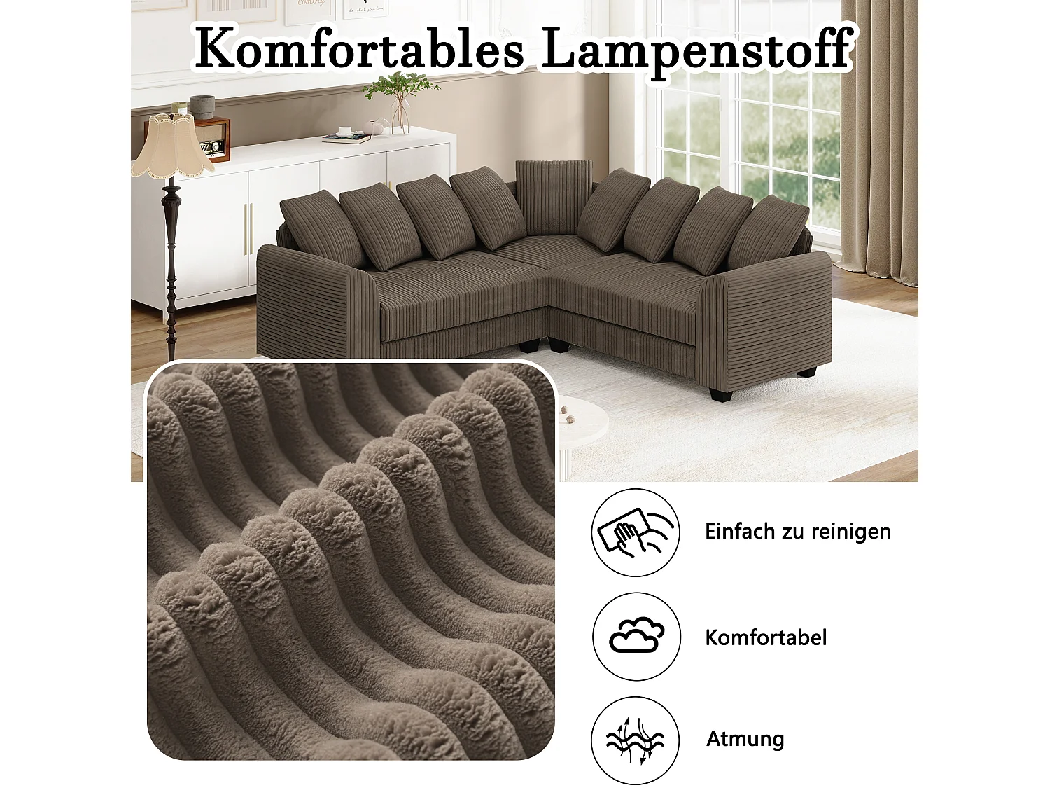 Canapé Modulable L, Canapé avec Coussins d'Appui, Tissu Velours côtelé, Marron (202x202x74 cm)